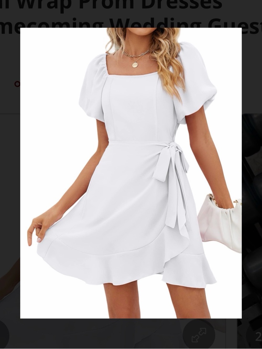 Square-Neck Puff Sleeve Wrap Dress in White Small